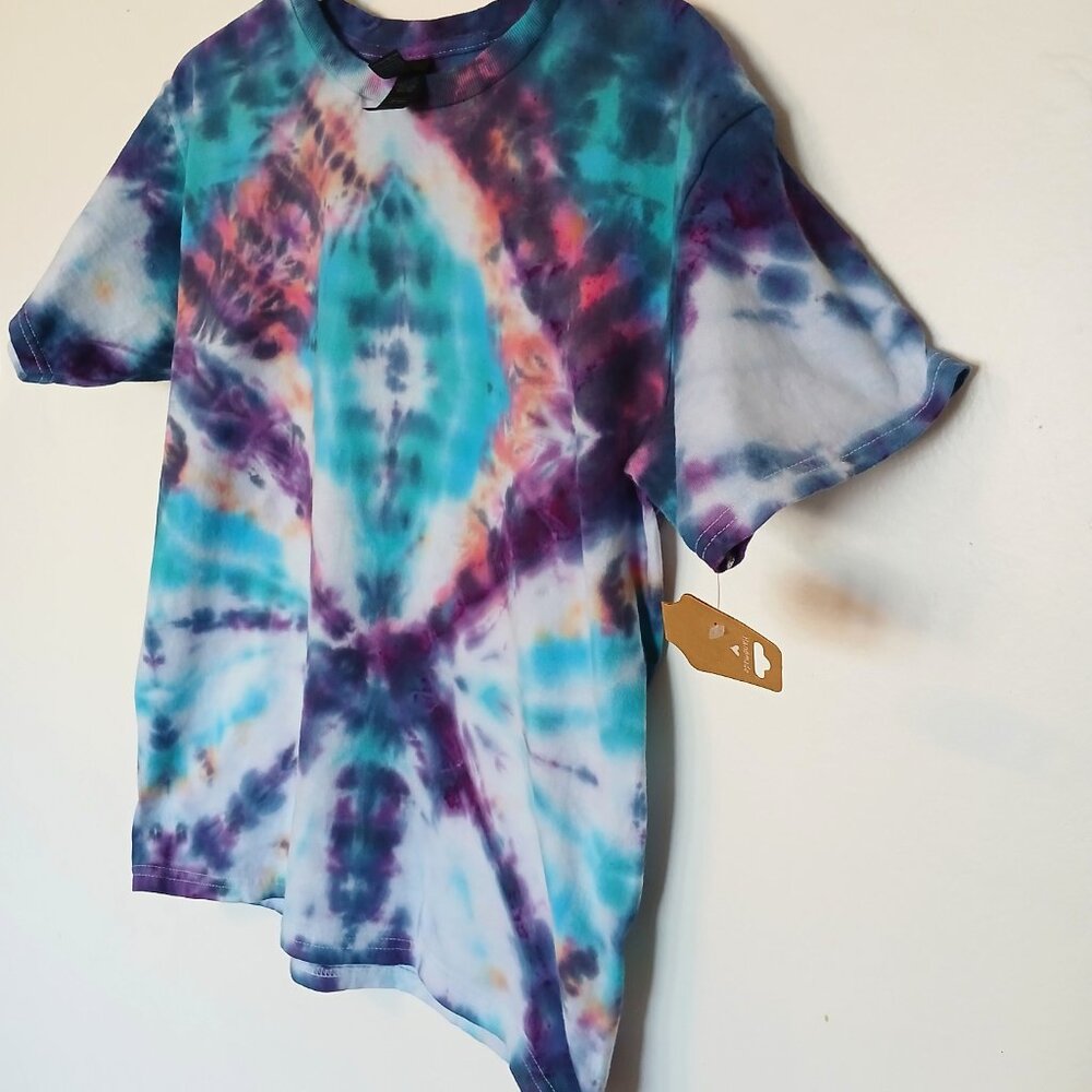 Tie Dye T-Shirt Off Center Diamond Pattern Blue Purple Orange Pink Kid's Large - Picture 9 of 16